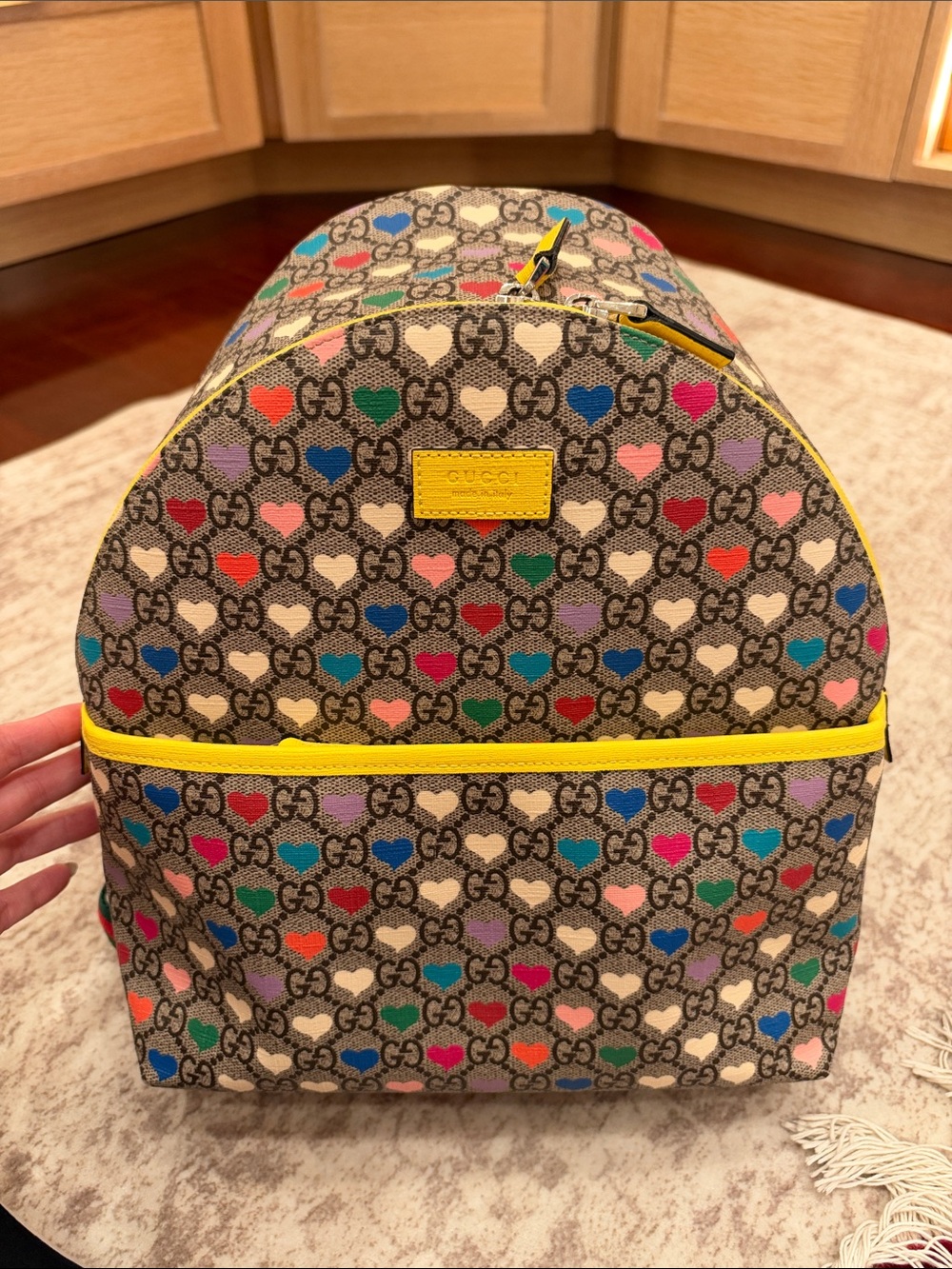 Gucci Multicolor Heart GG Canvas Backpack with Yellow Trim